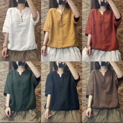 跨境外贸夏季新款女士上衣T恤纯色休闲舒适宽松新中式V领五分袖女