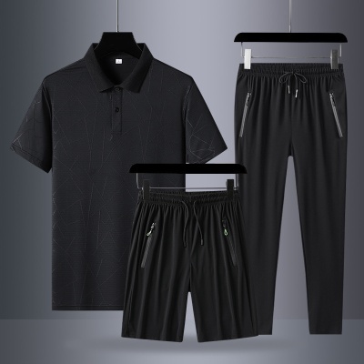 爸爸夏装套装冰丝短袖t恤中老年运动套装男士父亲节夏季速干T衣服