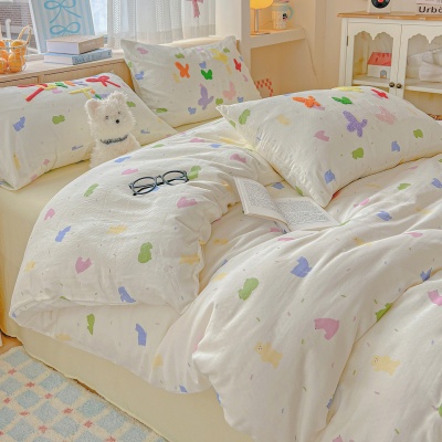 奶油风A类全棉双层纱四件套纯棉被套毛巾绣100床单床笠少女心床品