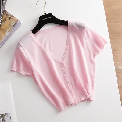 冰丝针织开衫女夏薄外套新款短袖穿搭韩版宽松纯色小空调防晒衣潮