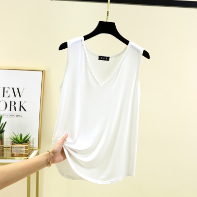 莫代尔V领背心女夏季薄款大码宽松无袖上衣可外穿T恤休闲打底衫