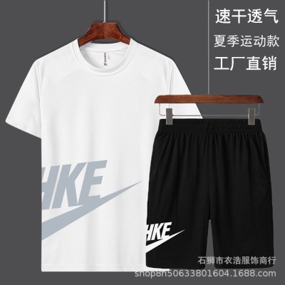 夏季跑步运动服套装男士宽松速干短袖短裤休闲套装潮大码外贸套装