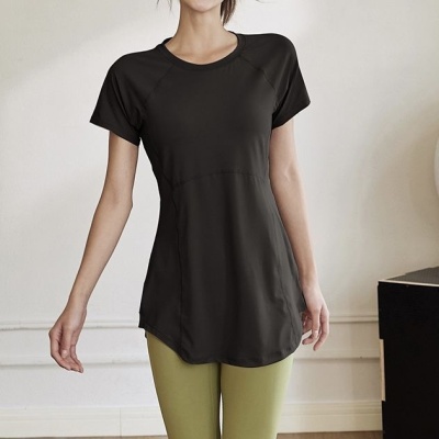外贸2024新款瑜伽服女中长款遮臀显瘦短袖T恤跑步运动上衣健身服
