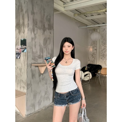 纯棉简约u领短袖正肩T恤女装夏季2025新款修身显瘦打底衫气质上衣