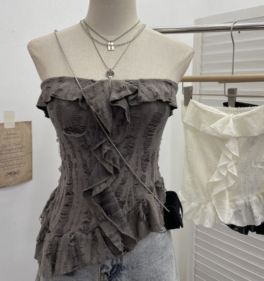 实拍 废土风抹胸做旧破洞不规则荷叶边背心千禧辣妹无袖上衣 9228