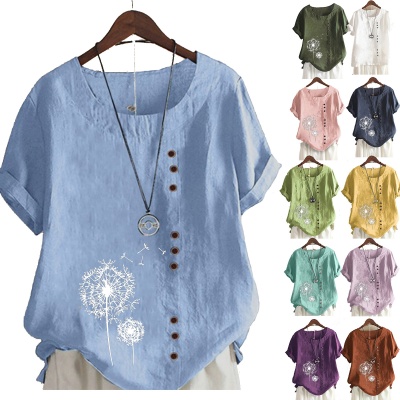 欧美外贸女装亚马逊纽扣短袖印花休闲街头装 圆领常规棉麻上衣T恤