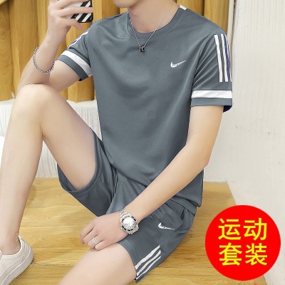 品牌运动套装两件套男2024夏季新款休闲跑步健身t恤短袖短裤一套