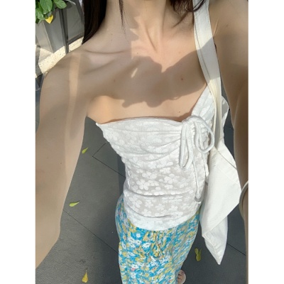 海边度假风套装法式抽绳抹胸背心上衣女夏季蓝色碎花半身裙两件套