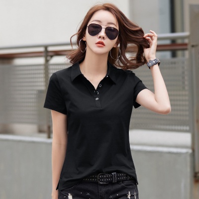 夏季2025新款翻领短袖T恤女装纯棉韩版宽松纽扣Polo衫紫色外货源