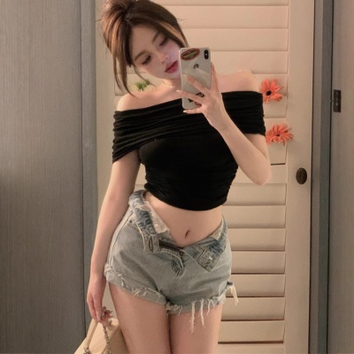 一字肩t恤修身显瘦紧身收腰短款上衣性感辣妹打底衫上衣外贸批发