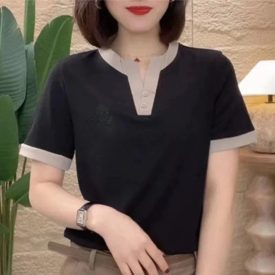 简约显瘦时尚撞色小天鹅夏季短袖T恤衫韩版百搭休闲气质洋气上衣
