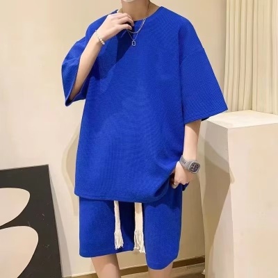 华夫格夏季套装男士潮牌宽松休闲运动短袖短裤青少年男装一套搭配
