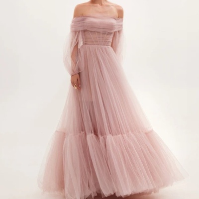 2025年新款跨境外贸长款女装wish一字肩网纱长袖婚纱礼服薄纱长裙