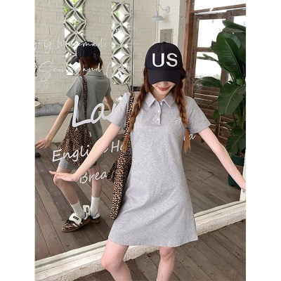 纯棉学院风蝴蝶结刺绣polo领连衣裙女夏季设计感小众收腰显瘦裙子