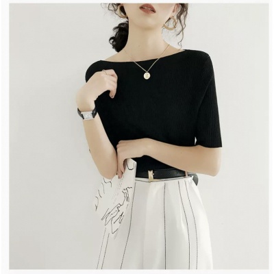 一字肩上衣女夏季2024新款内搭温柔风五分袖设计感小众冰丝针织衫