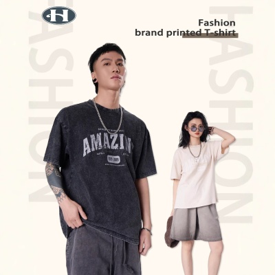 精梳棉男装短袖男T恤男女同款夏季新款休闲美式情侣水洗潮牌纯棉