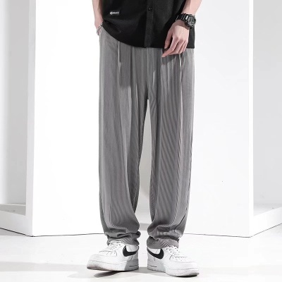 夏季薄款冰丝裤男款宽松大码垂感空调运动休闲裤子潮流阔腿裤代发
