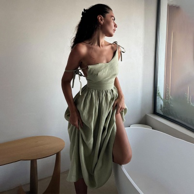 跨境纯棉V领吊带裙女欧美2025春新款气质优雅性感绑带露背连衣裙