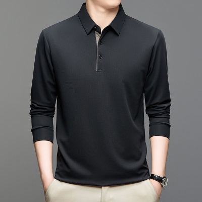 跨境外贸冰丝弹力薄款长袖t恤男式春秋季中年休闲打底polo衫上衣