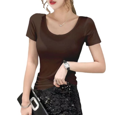 女式圆领打底衫春季新款包边休闲内搭上衣夏款纯色修身短袖t恤女