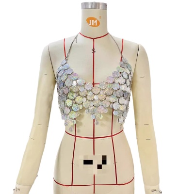 2024欧美新款ins工厂直销夜店性感亮片露背链条女装背心