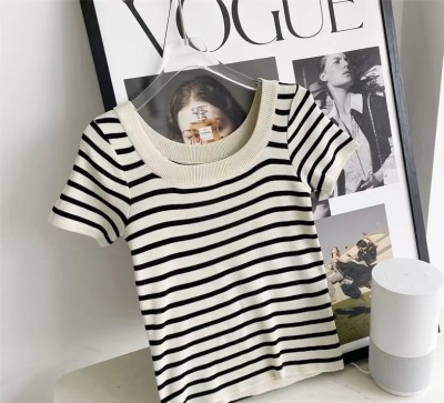 黑白条纹正肩短袖T恤女夏季薄款法式高级感针织衫小个子上衣女装