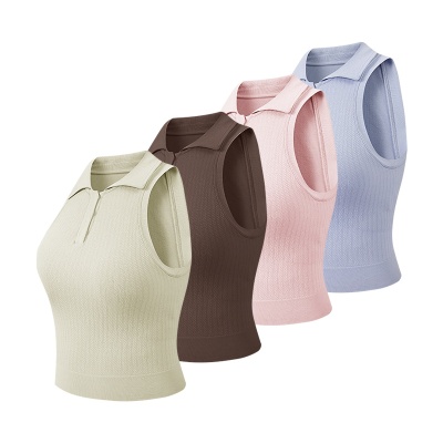 跨境新品纯色翻领运动背心女春夏健身上衣专业跑步户外运动内衣