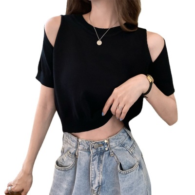 露肩设计感针织t恤女2025新款女式夏季上衣女短款显身材打底衫女