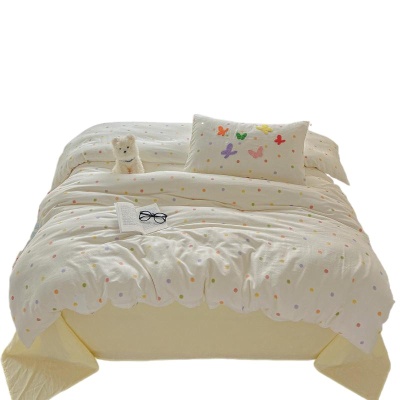 奶油风A类全棉双层纱四件套纯棉被套毛巾绣100床单床笠少女心床品