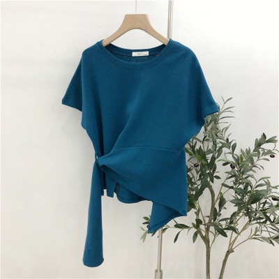 短袖t恤女夏装2024新款韩版纯色小心机设计感交叉不规则洋气上衣