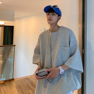 套装~子俊潮牌华夫格短袖T恤宽松半袖直筒阔腿休闲五分裤运动套装