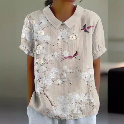 跨境外贸2024夏季女装新款亚马逊宽松印花圆领休闲大码套头女装T