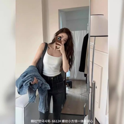 2024螺纹小方领一体背心女一体罩杯内搭外穿无痕休闲吊带背心女