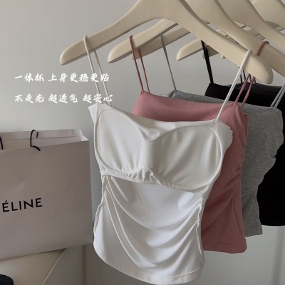 韩社百搭细肩小吊带带胸垫一体抹胸修身褶皱打底背心女外穿上衣潮