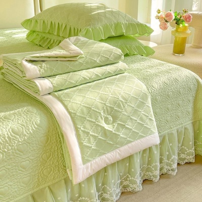 A类母婴级夏凉被夹棉床盖四件套可机洗三件套蕾丝花边空调薄被子