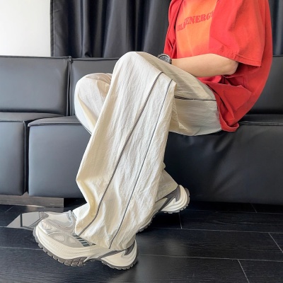 白色辑明线速干裤子男夏季薄款潮牌运动阔腿裤美式直筒宽松休闲裤