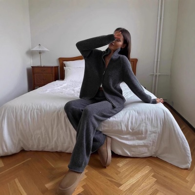 欧美跨境热卖安哥拉红毛衣套装拉链上衣外套+阔腿裤针织休闲女装