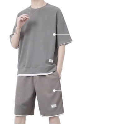 华夫格休闲套装男士夏季青少年大码男装运动短袖短裤搭配一套T恤