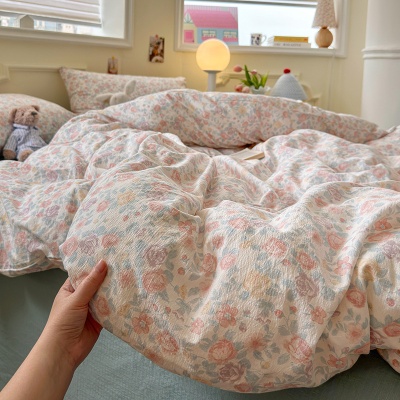 母婴级A类有氧双层纱四件套小清新碎花被套床单床笠学生宿舍3件套