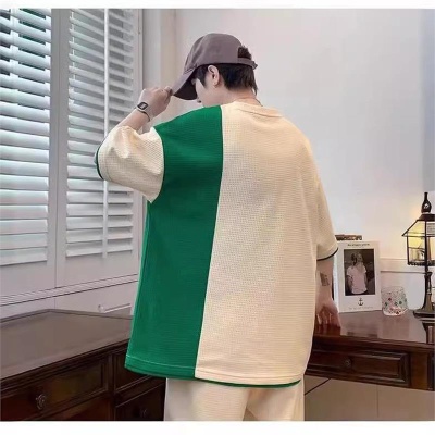 拼色华夫格休闲套装男士夏季宽松短袖短裤搭配帅气运动服男装一套