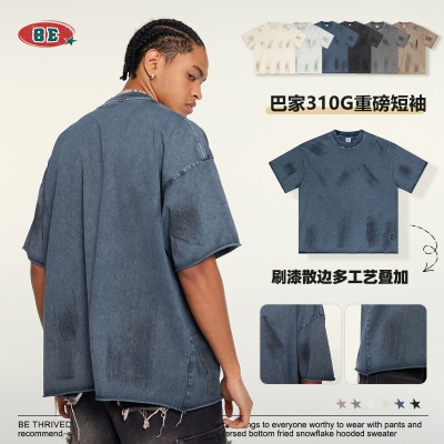 BE男装2025春夏新品重磅水洗擦色vintage短袖男外贸男装boxyT恤男