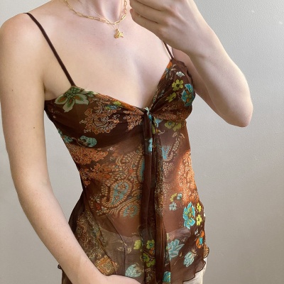 欧美复古撞色印花V领小吊带女2025春季撞色修身褶皱系带透视上衣