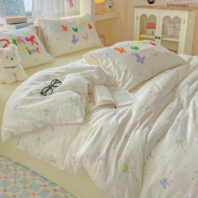 奶油风A类全棉双层纱四件套纯棉被套毛巾绣100床单床笠少女心床品