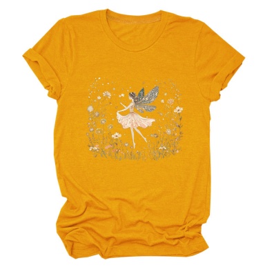 欧美ebay独立站时尚趣味个性女装圆领女孩精灵 花朵 叶子短袖T恤