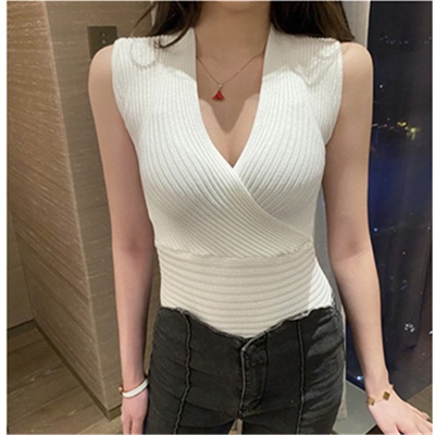 无袖打底背心女2024夏季性感低胸交叉深V领弹力紧身针织衫T恤上衣