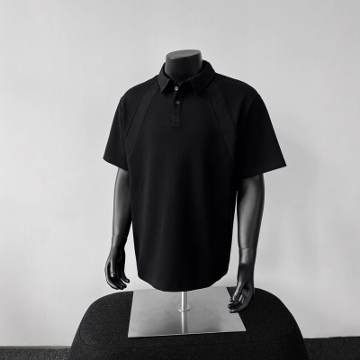 美式重磅空气层正肩结构拼接短袖男t恤polo衫boxy版型短袖t恤男