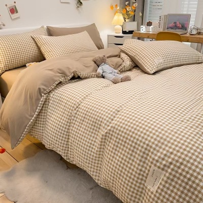 ins风格子纯棉四件套A类母婴级裸睡款床单被套纯色床上用品三件套