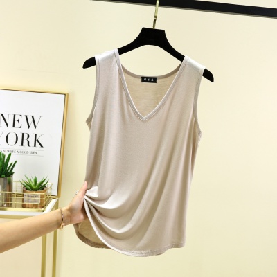 莫代尔V领背心女夏季薄款大码宽松无袖上衣可外穿T恤休闲打底衫