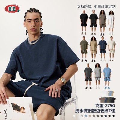 BE男装|2025夏季重磅跨境大码圆领纯棉t恤落肩宽松美拉德短袖男潮