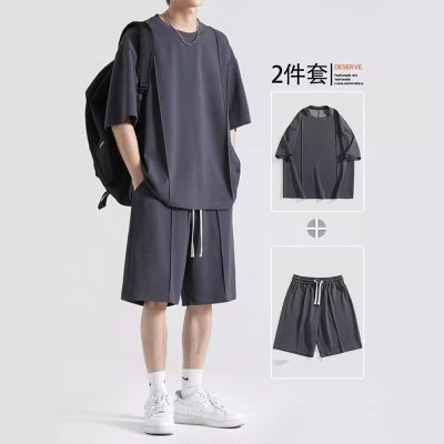 冰丝短袖T恤休闲套装男士夏季2024新款纯色运动速干情侣装两件套